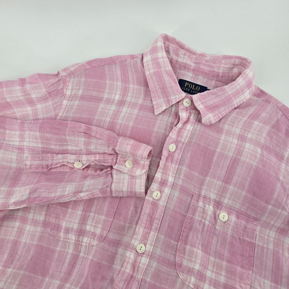 Polo Ralph Lauren 100% Linen Pocket Chin Strap Collar Button Down Shirt Pink L